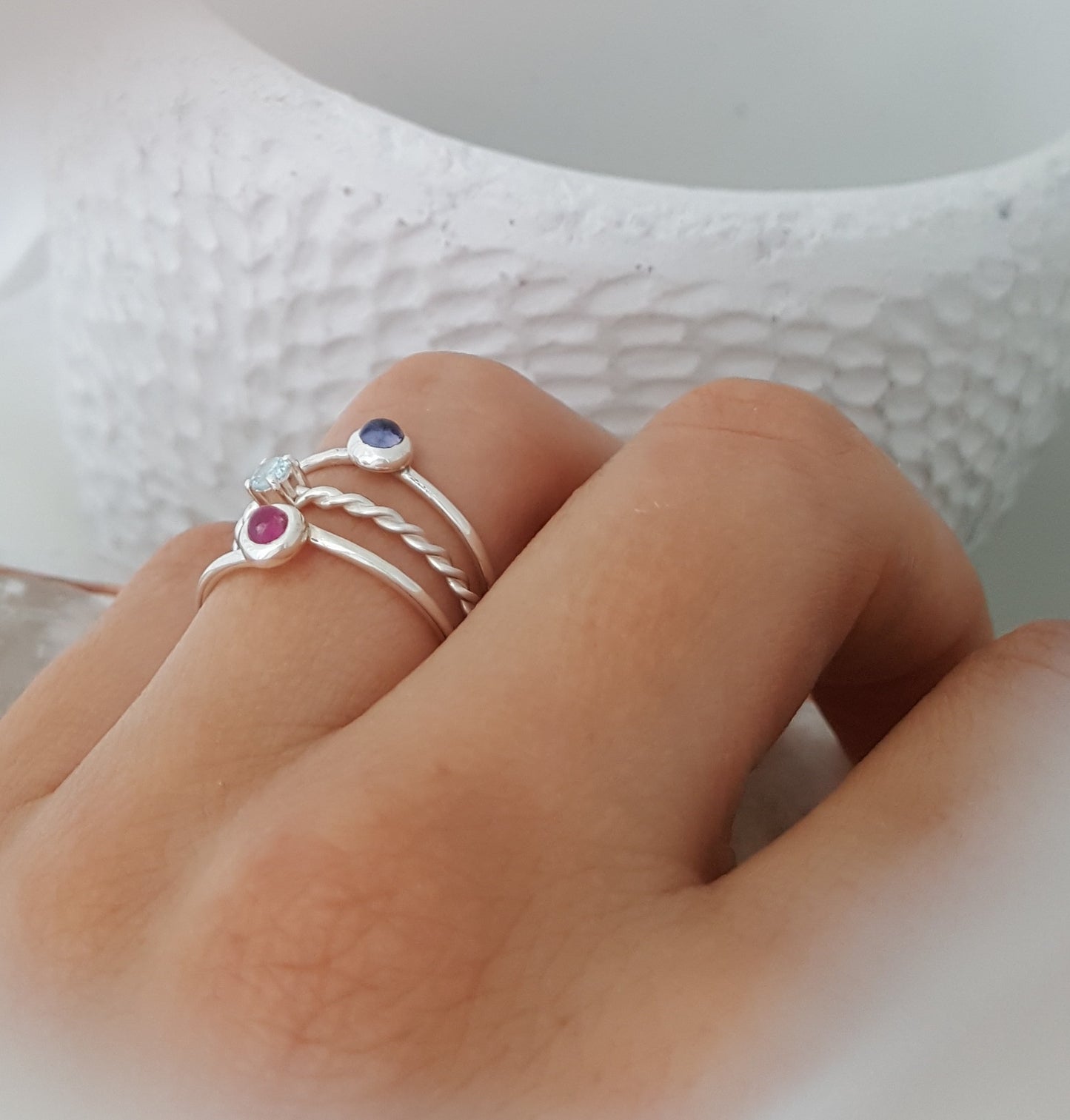 Fine Silver Cabochon Iolite Stack Ring