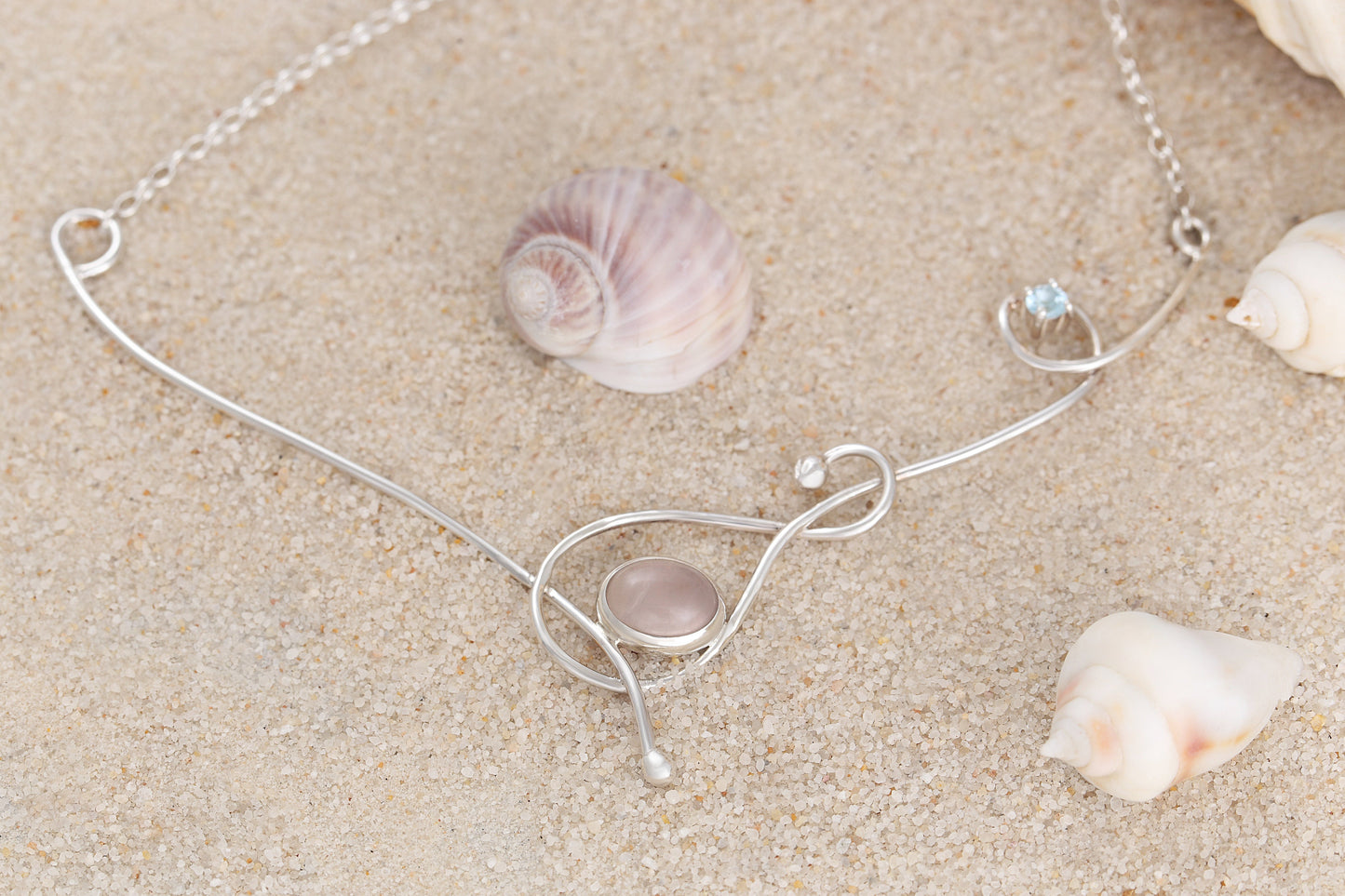 Silver Wistful Wave Necklace with Rose Quartz and Blue Topaz Gemstones