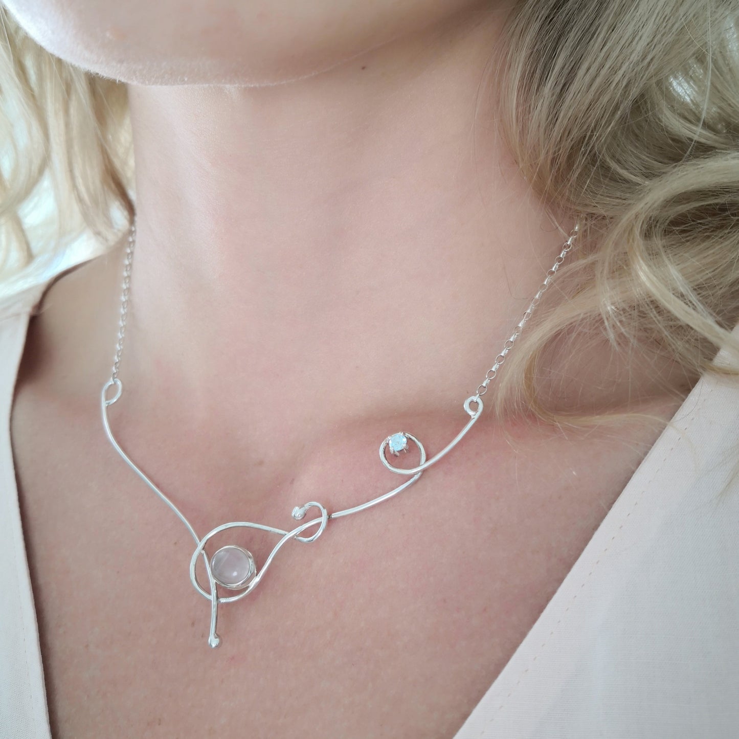 Silver Wistful Wave Necklace with Rose Quartz and Blue Topaz Gemstones