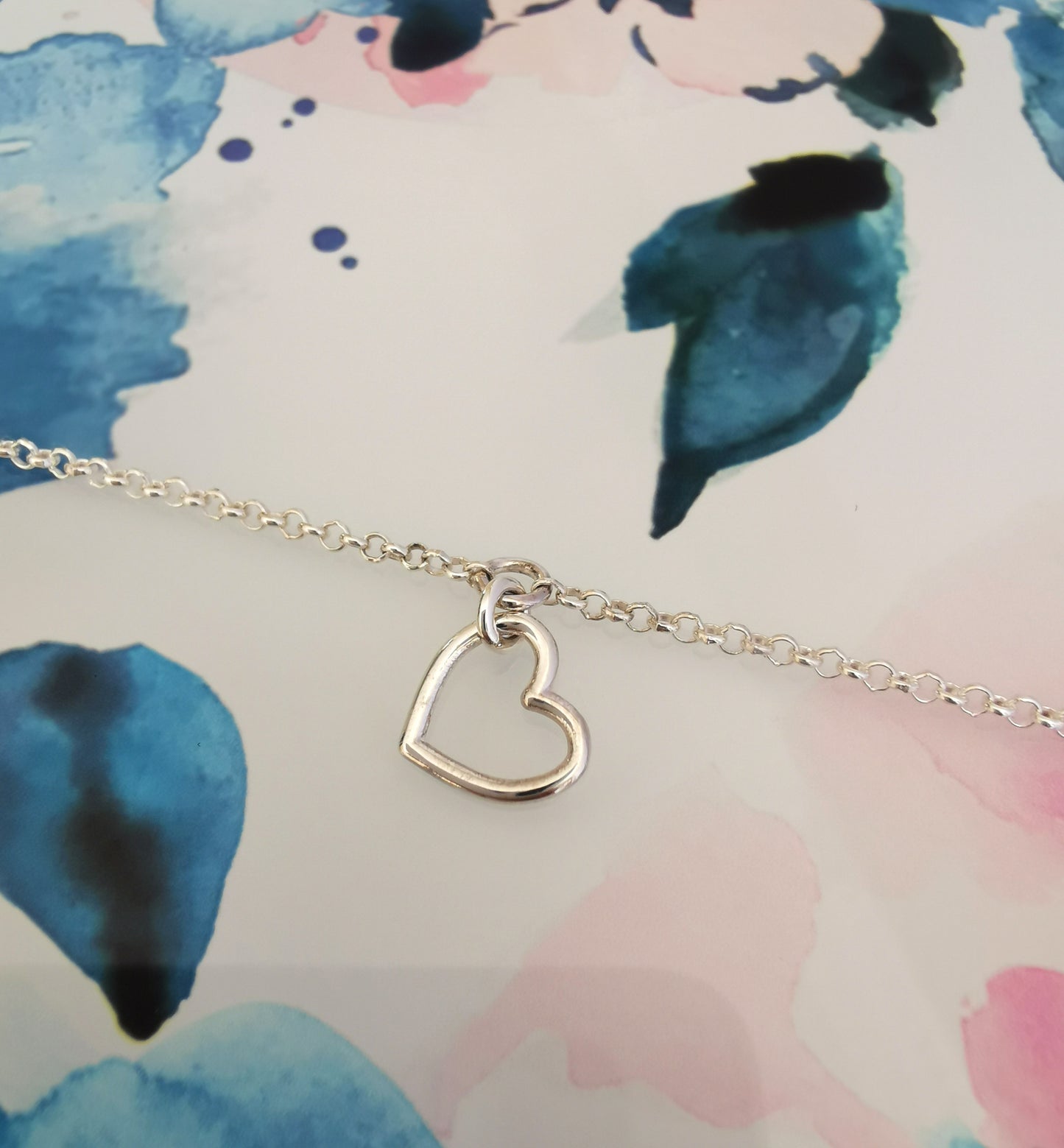 Delicate Silver Bracelet with Open Heart Chain in the centre