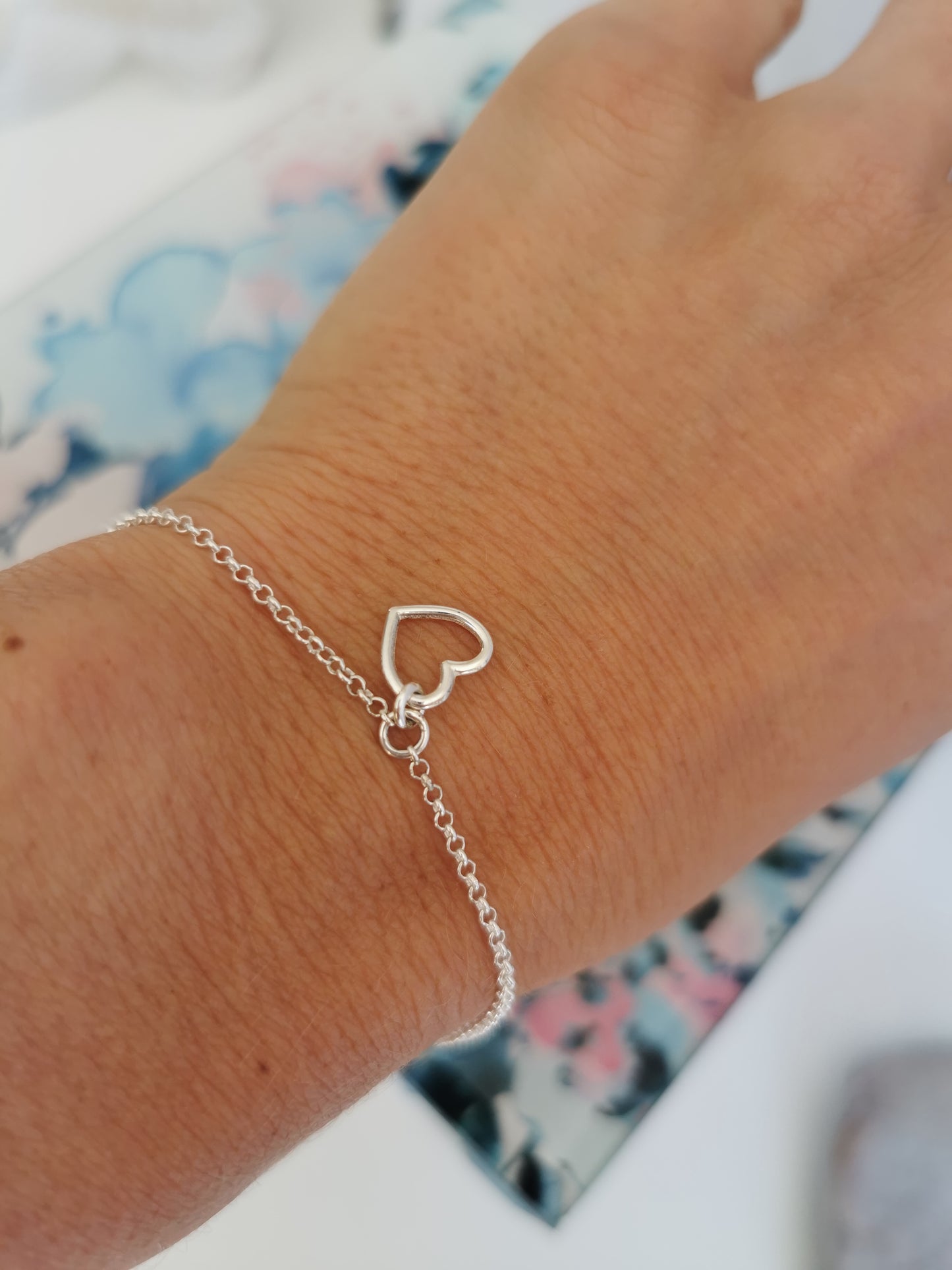 Delicate Silver Bracelet with Open Heart Chain in the centre