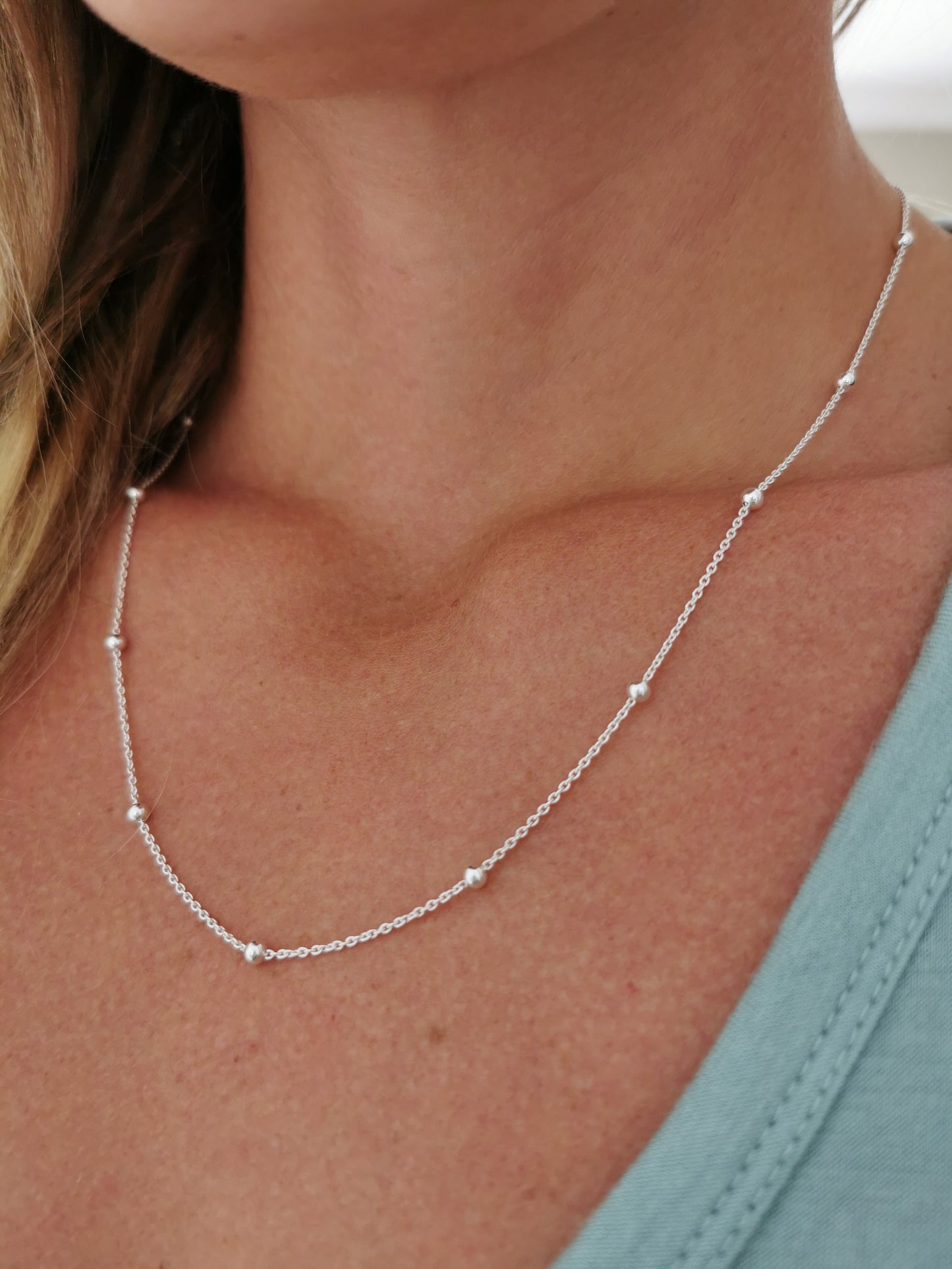 Dainty Silver Beaded Necklace