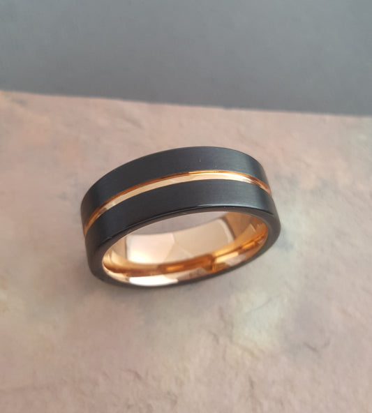 Black Tungsten Band with Rose Gold Plated Stripe and Inner