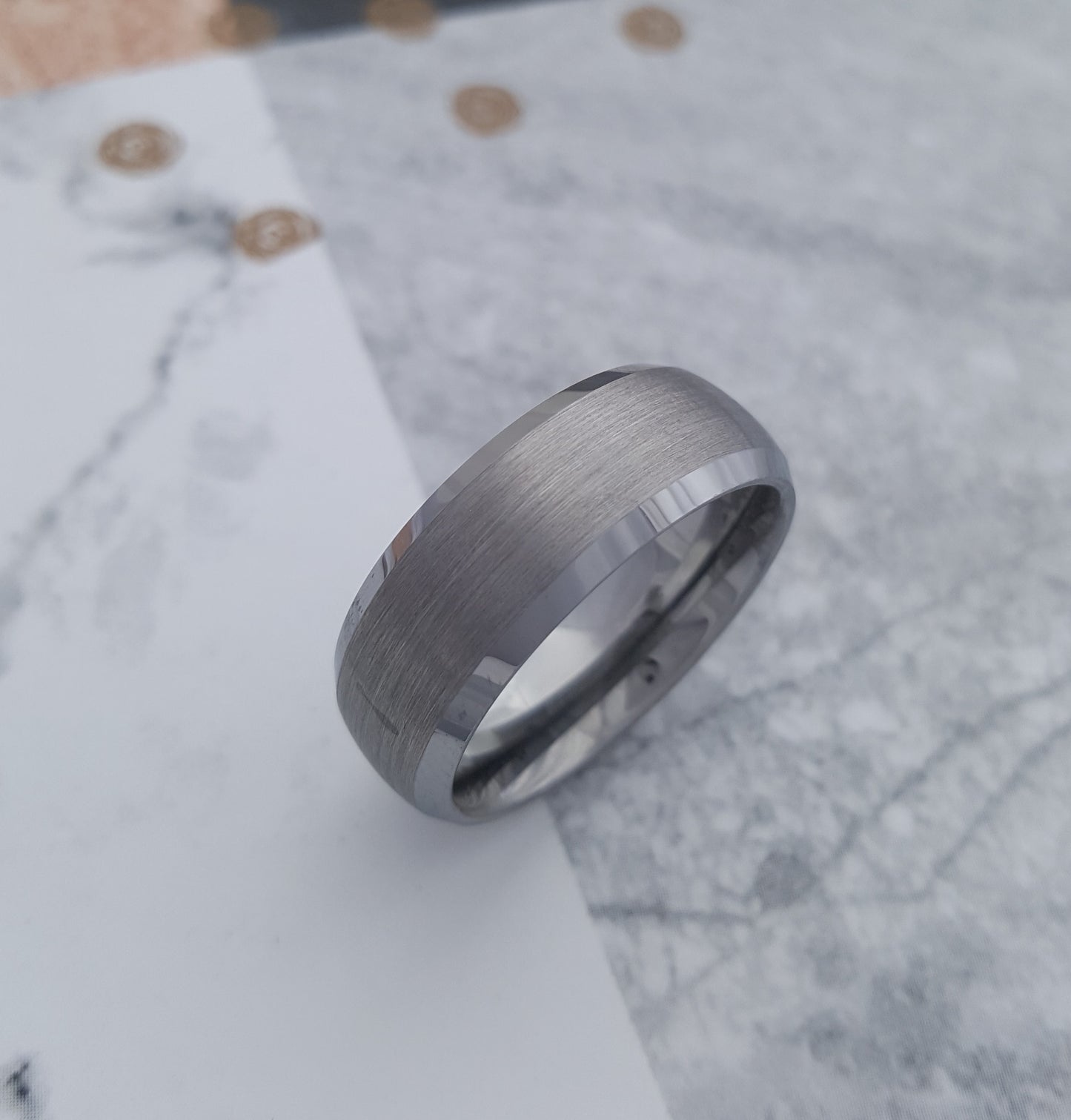 8mm Wide Brushed Tungsten Ring with Polished Beveled Edges
