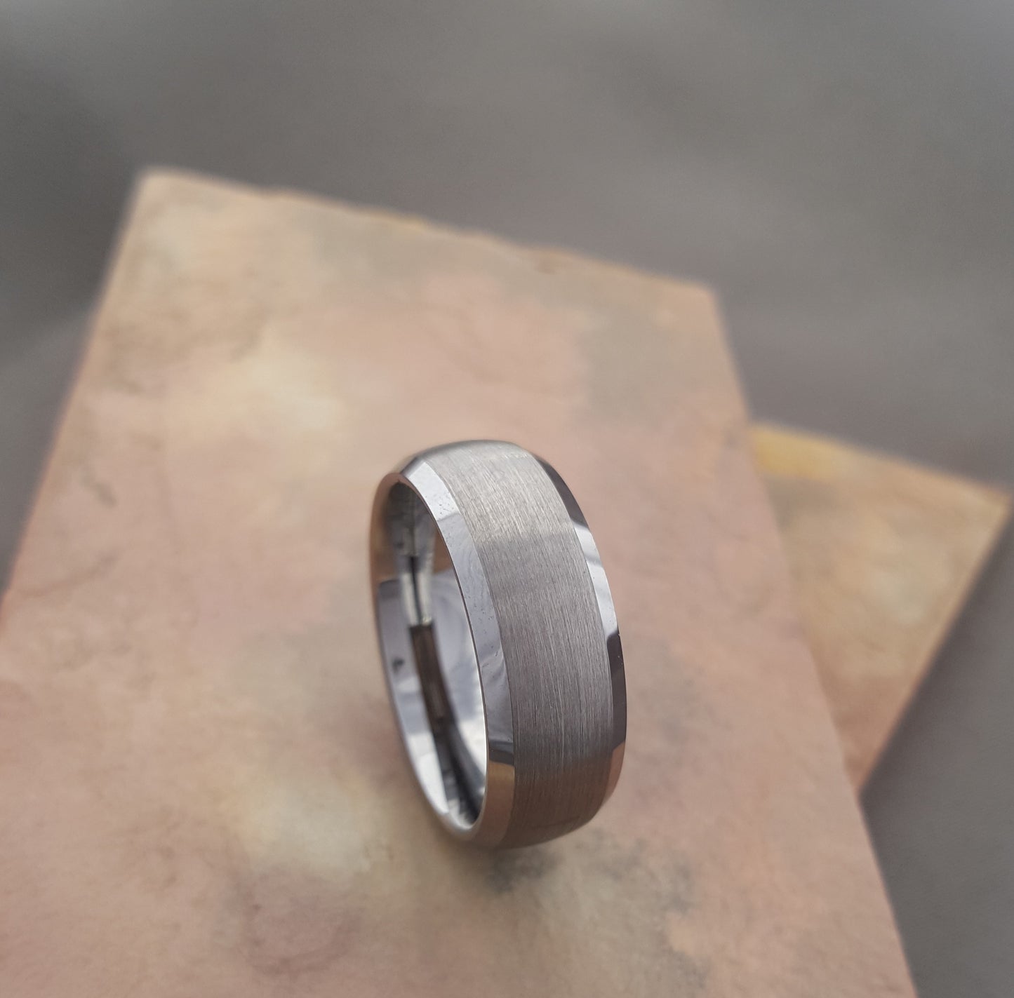 8mm Wide Brushed Tungsten Ring with Polished Beveled Edges