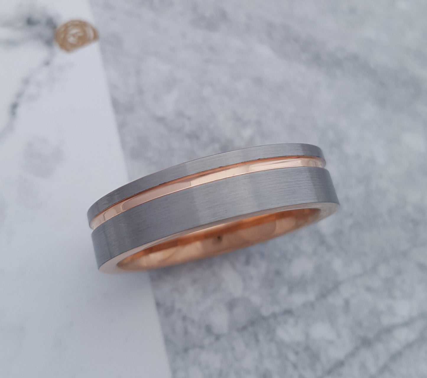Brushed Tungsten Ring with Rose Gold Plating