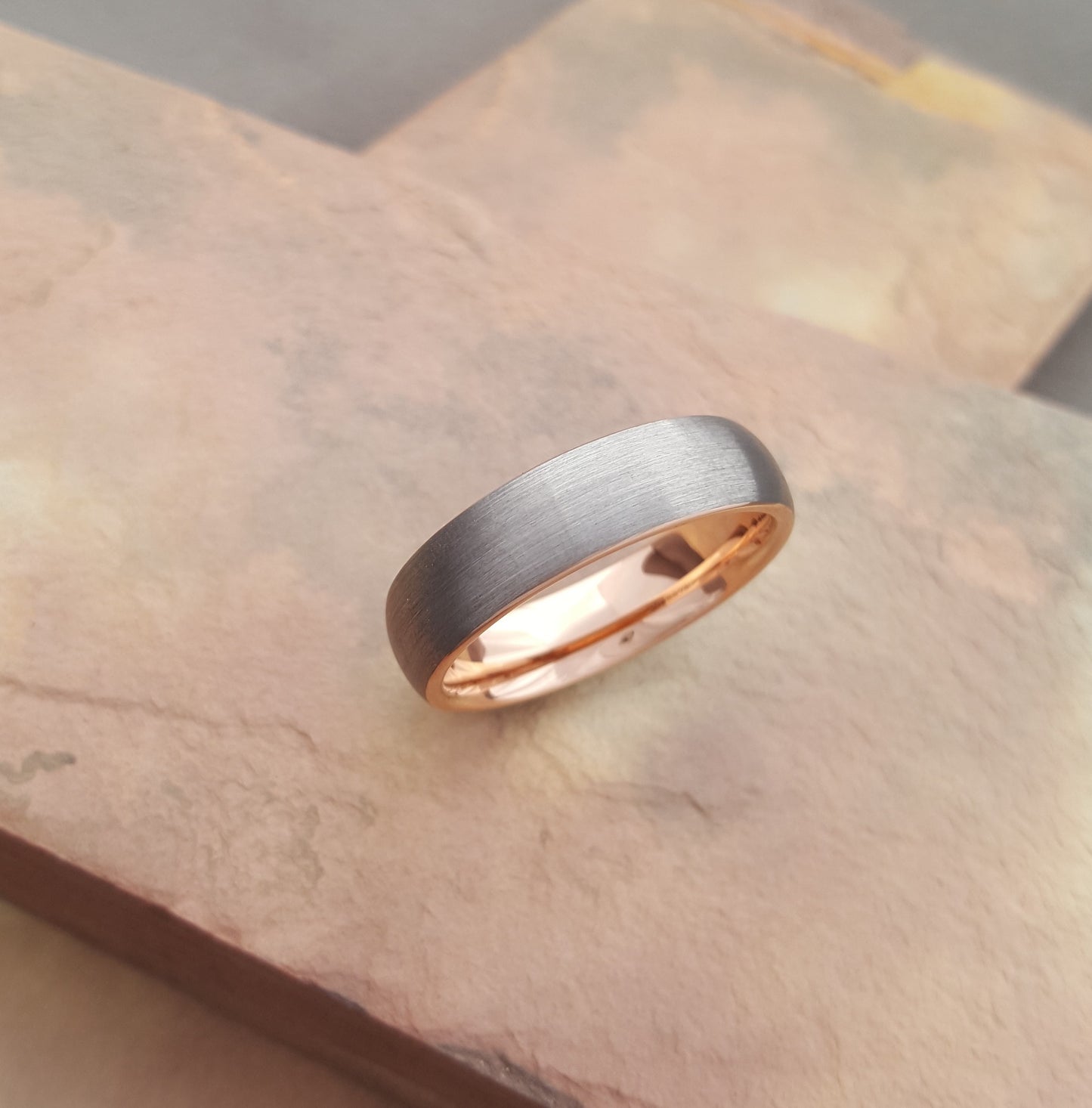6mm Wide D-Shape Brushed Tungsten Ring with Rose Gold Inner